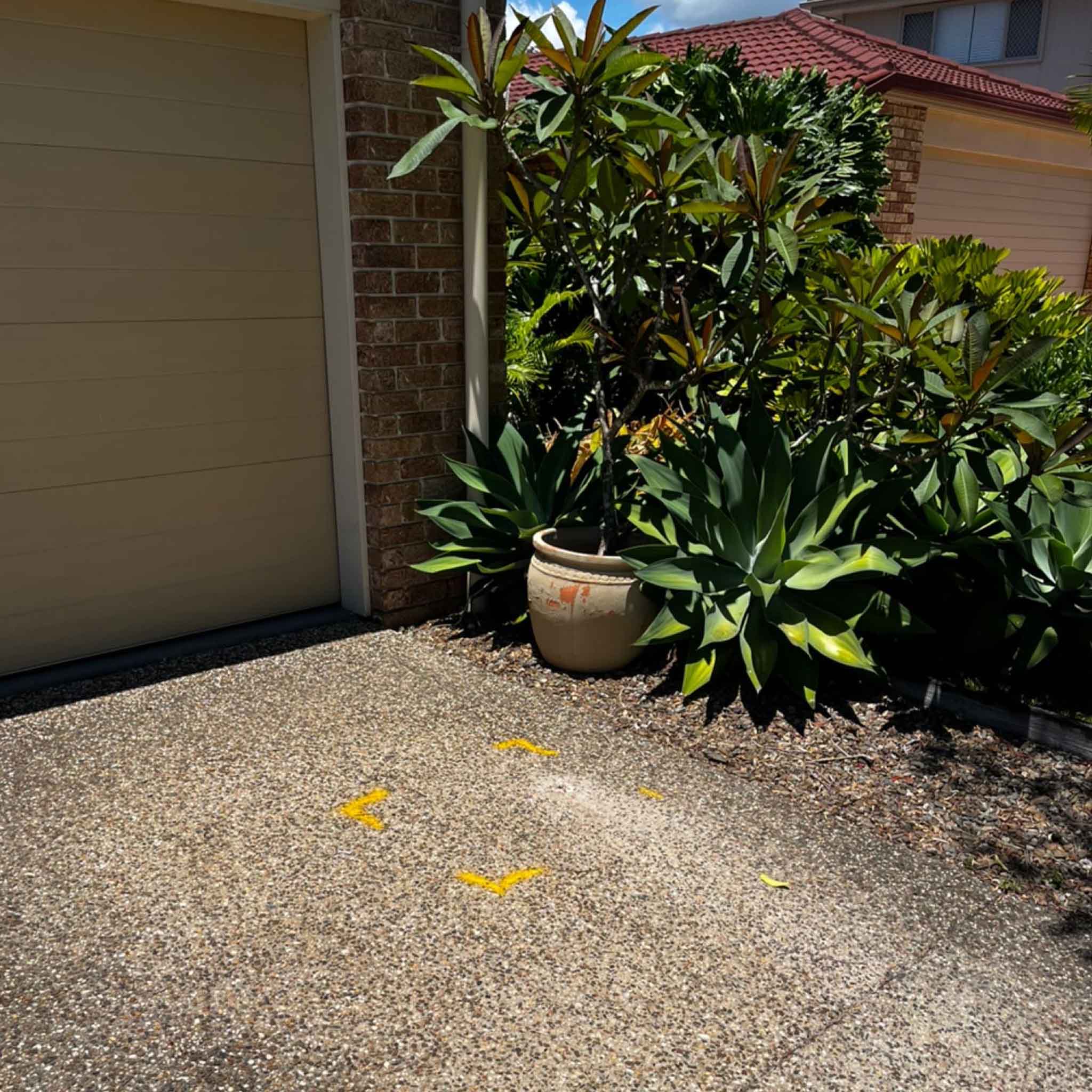 Location of water leak marked on residential driveway.